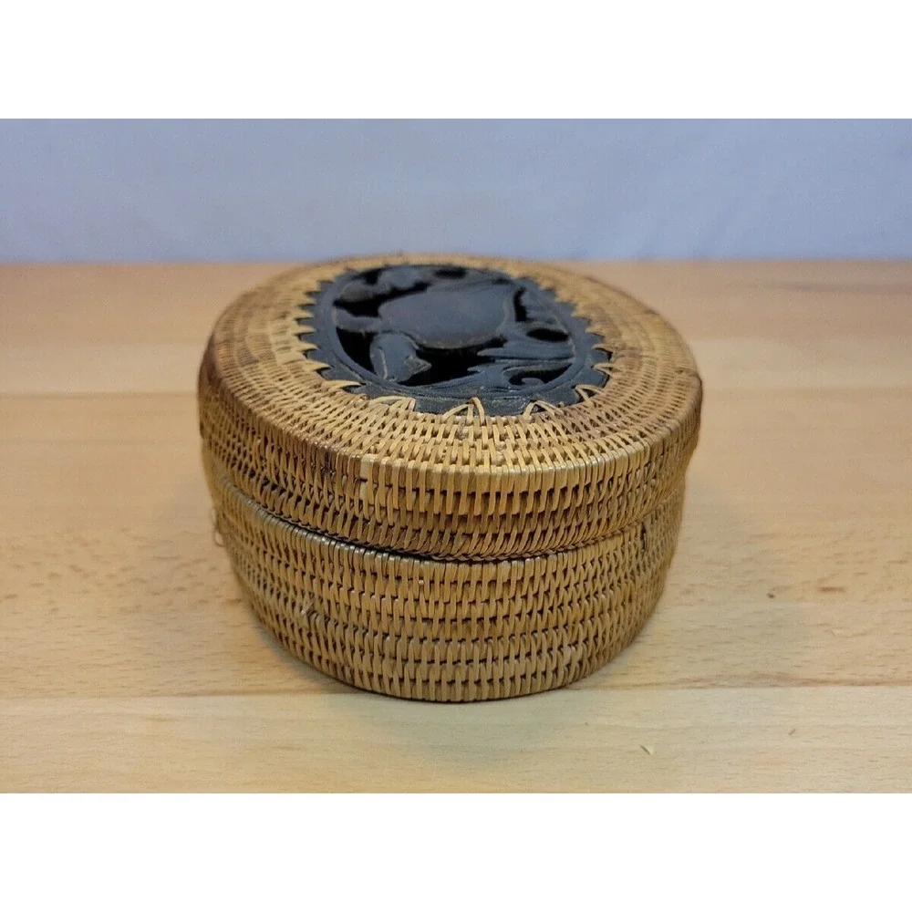 Turtle Carved Wooden Woven Rattan Basket with Lid Wood Base Trinket Box 6.5”